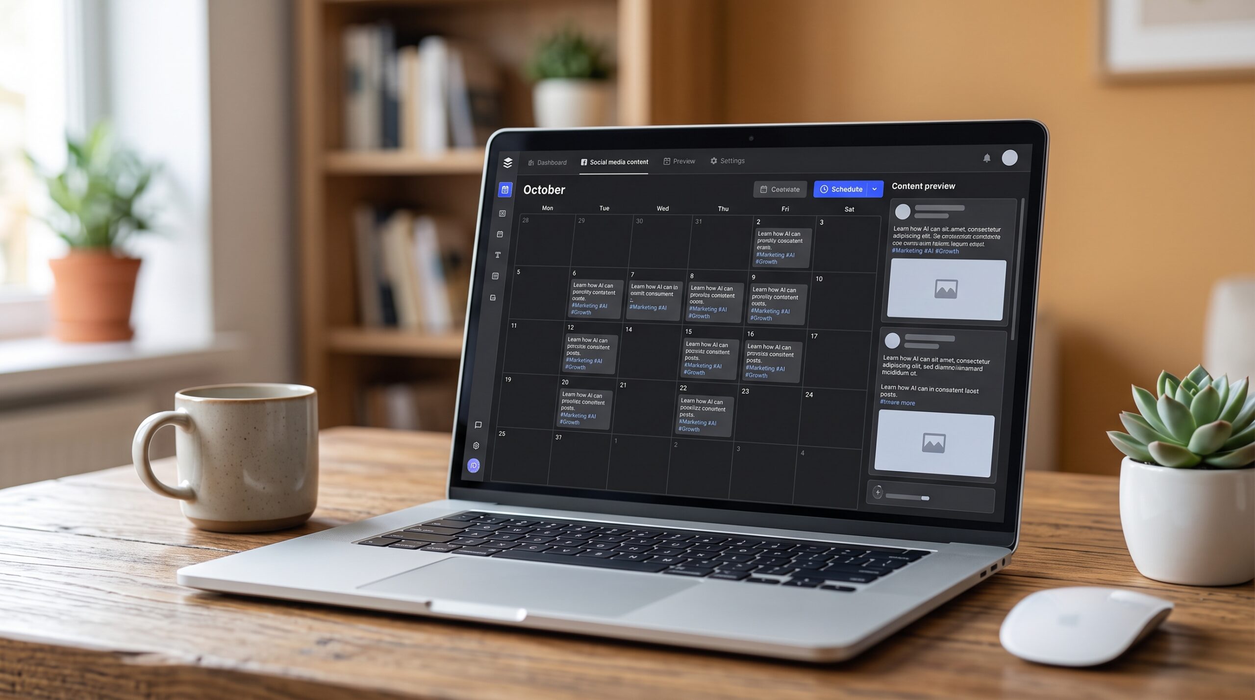 Laptop screen showing AI-drafted social media captions queued in a content scheduler