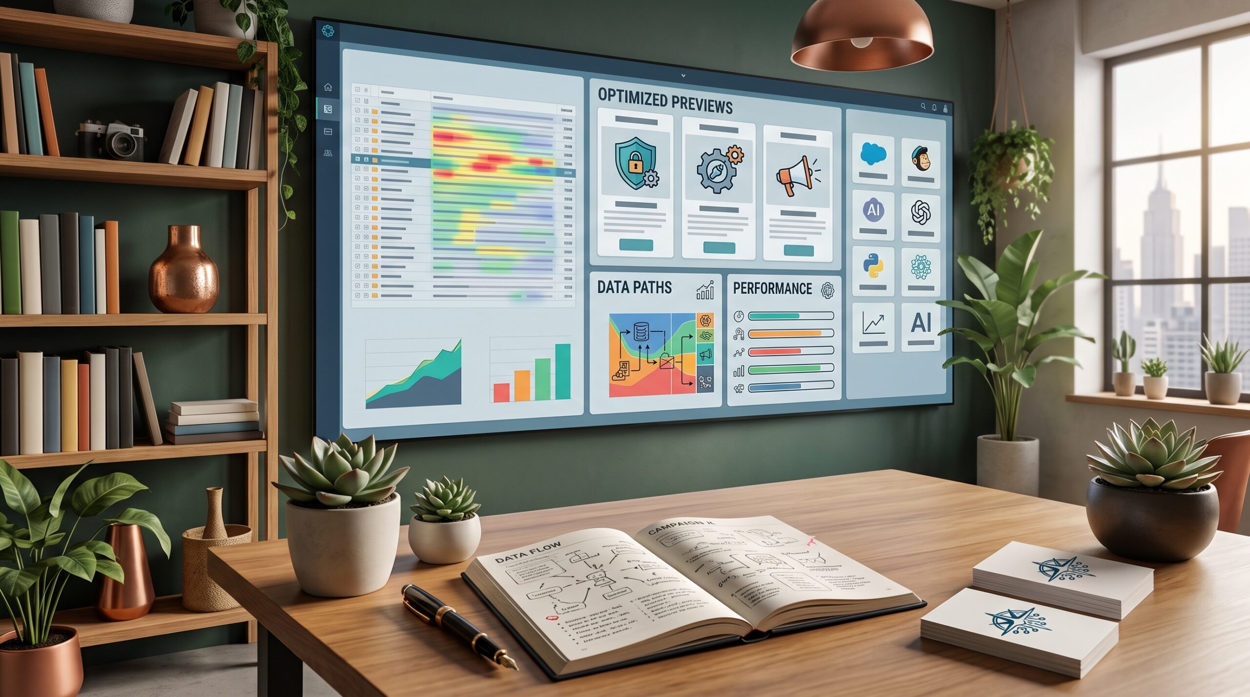 Small business founder reviewing an AI email automation dashboard with subject-line test results