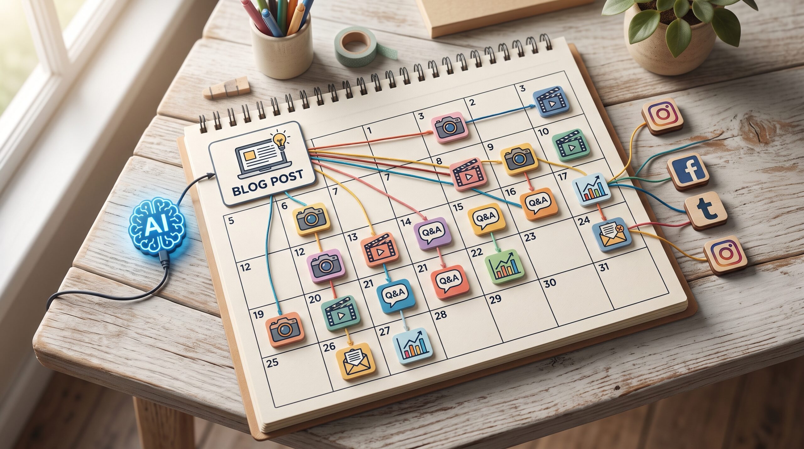 Content calendar showing one blog post repurposed into several social media posts