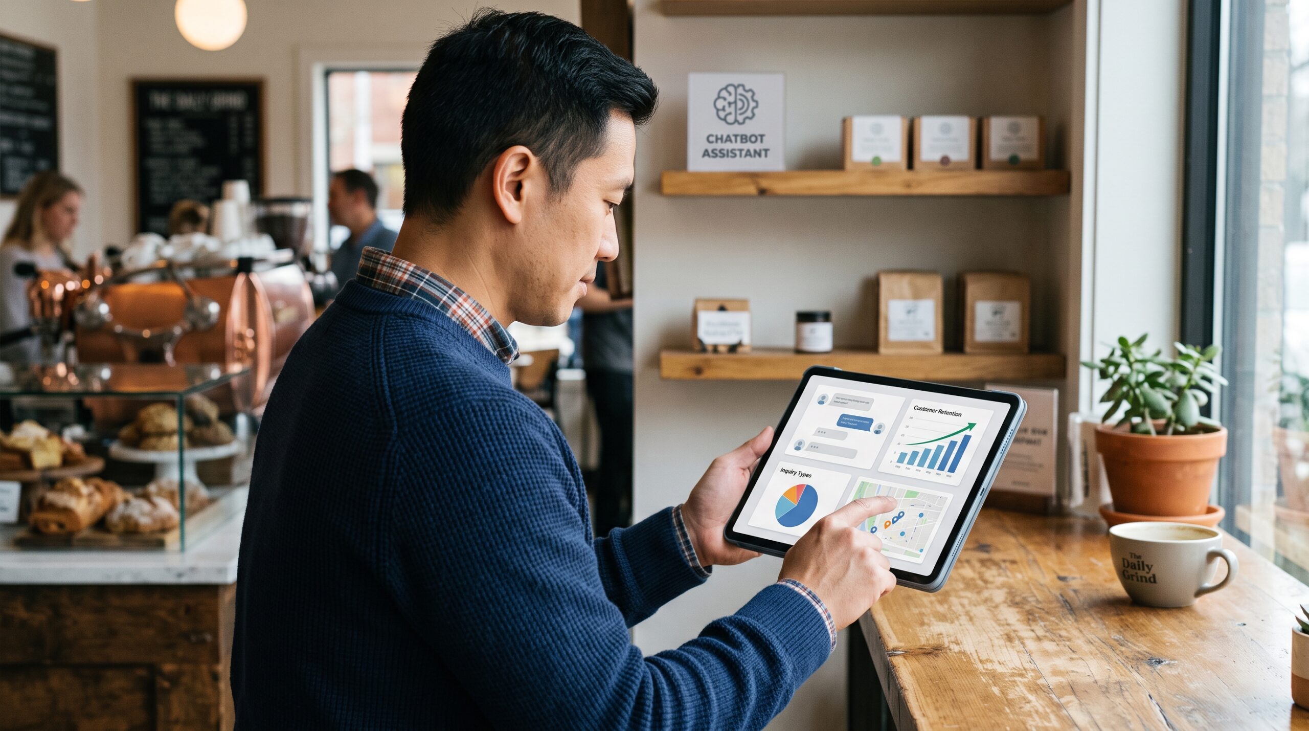 Small business owner checking AI chatbot and customer analytics results on a tablet